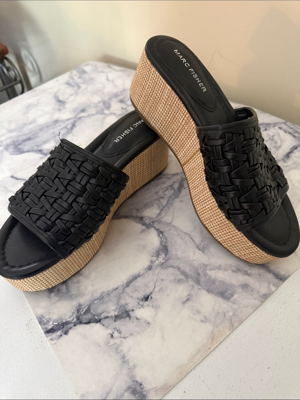 Marc Fisher Black Woven Platform Slide Mules with Tan Raffia Sole